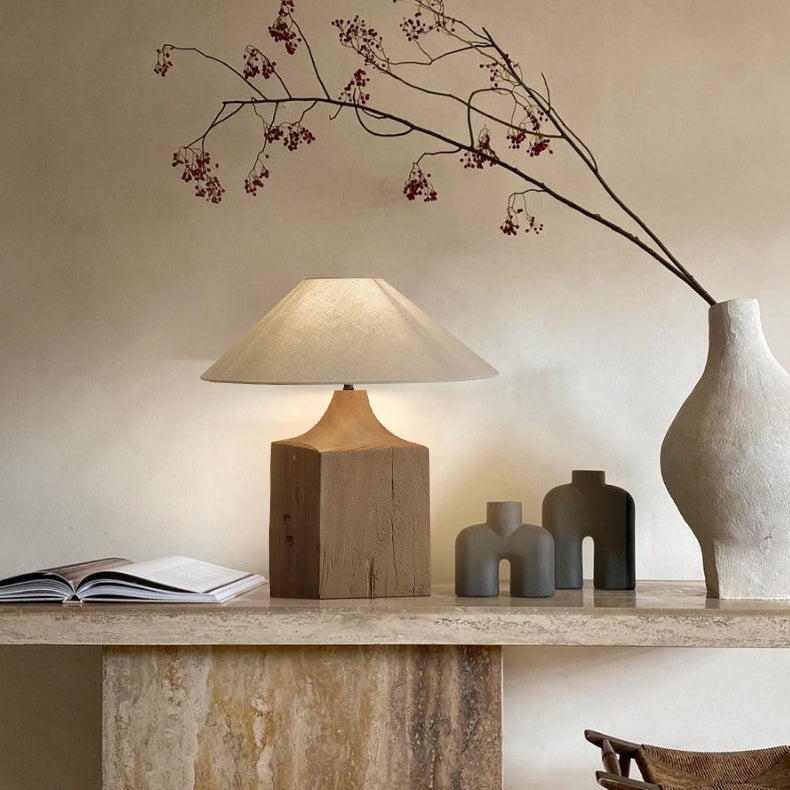 Wood Linen Cone Cylinder Table Lamp