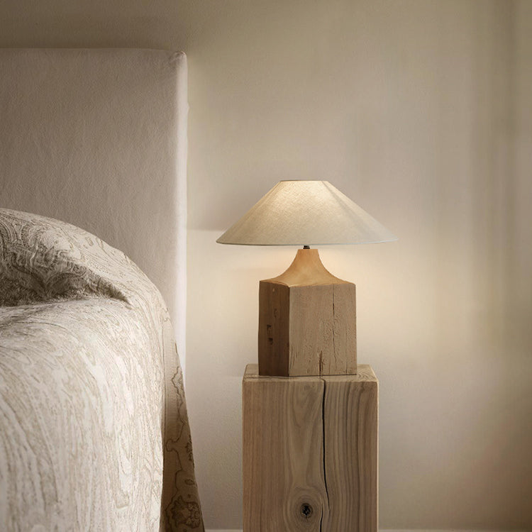 Wood Linen Cone Cylinder Table Lamp