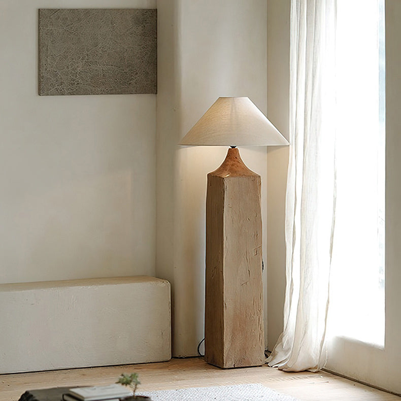 Wood Linen Cone Cylinder Floor Lamp