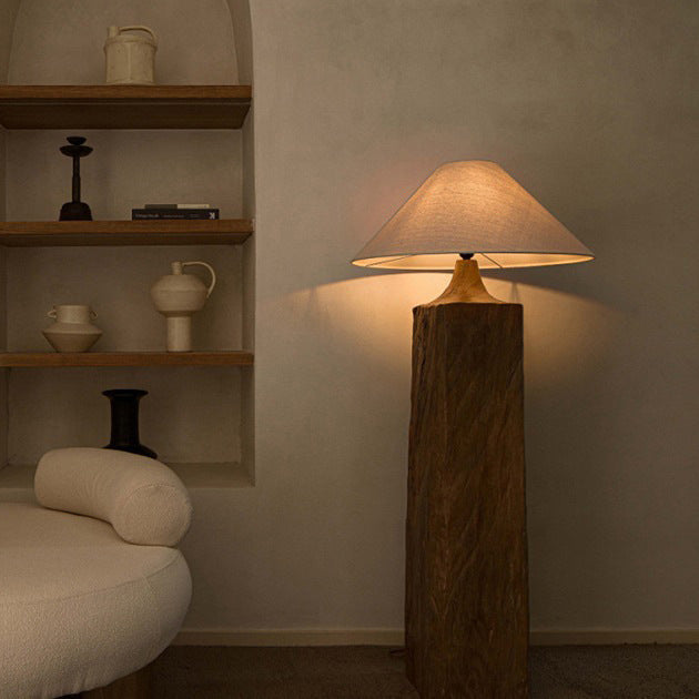 Wood Linen Cone Cylinder Floor Lamp