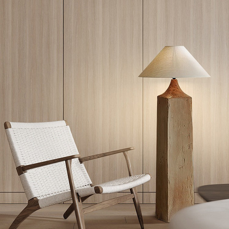 Wood Linen Cone Cylinder Floor Lamp
