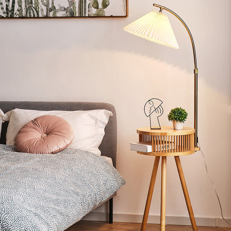Fabric Wood Conic Pleated Floor Lamp