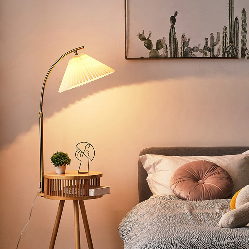 Fabric Wood Conic Pleated Floor Lamp