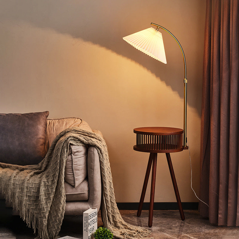 Fabric Wood Conic Pleated Floor Lamp