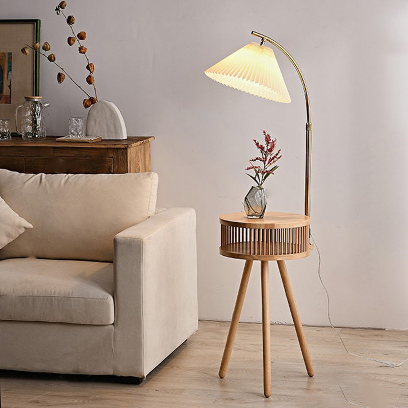 Fabric Wood Conic Pleated Floor Lamp