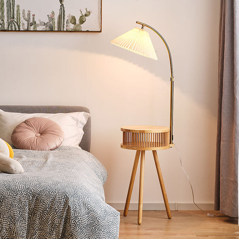 Fabric Wood Conic Pleated Floor Lamp