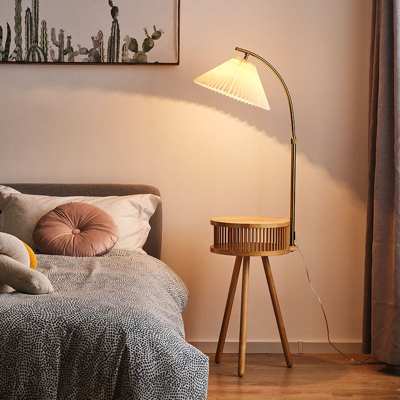 Fabric Wood Conic Pleated Floor Lamp