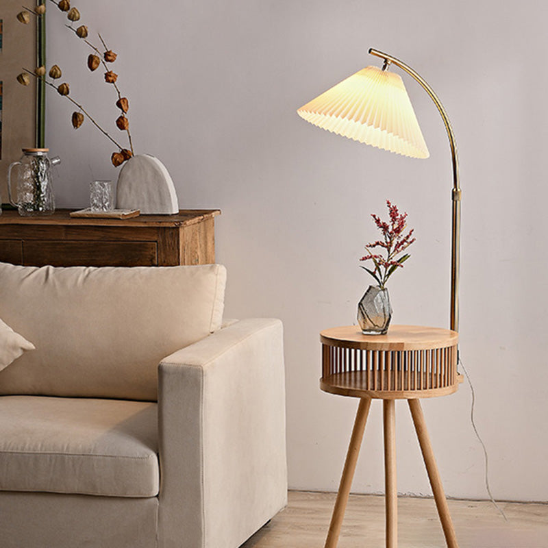 Fabric Wood Conic Pleated Floor Lamp