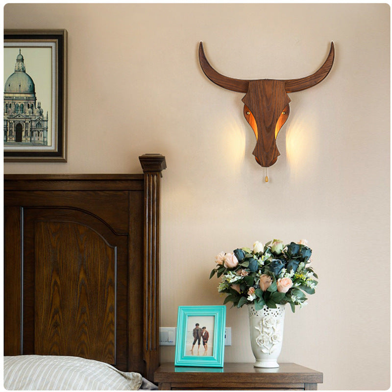 Solid Wood Cow Head Wall Lamp