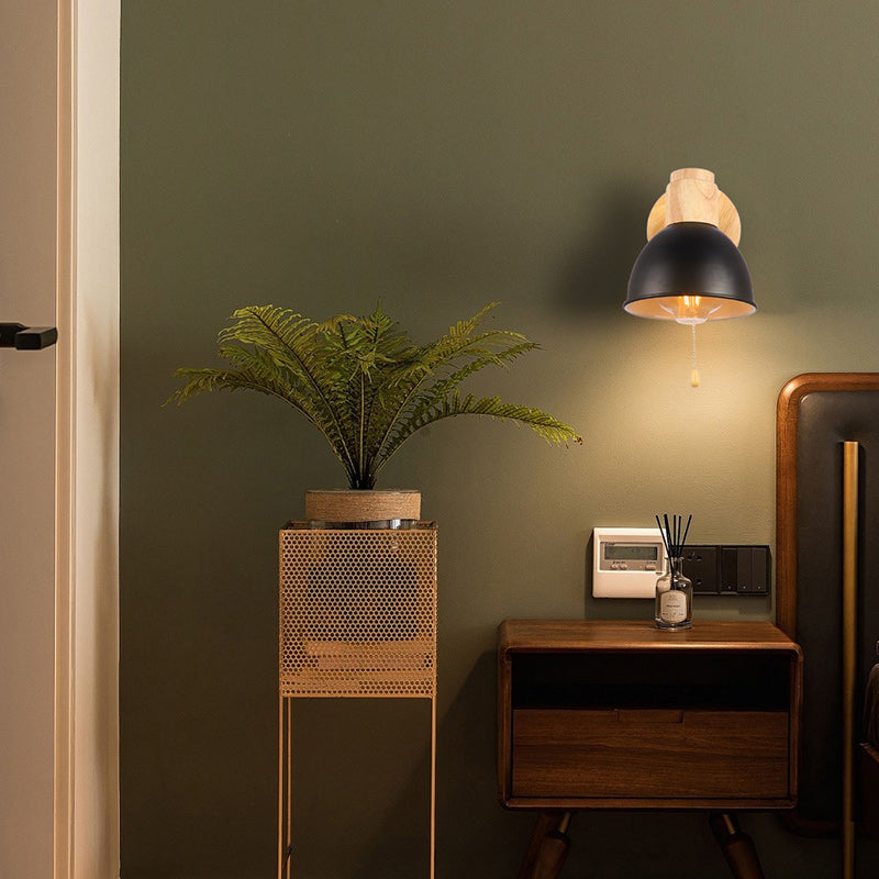 Iron Wood Round Bowl Wall Lamp