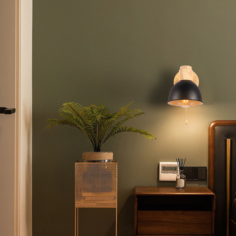 Iron Wood Round Bowl Wall Lamp