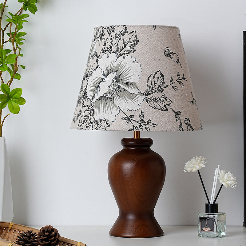 Wood Fabric Metal Conic Table Lamp