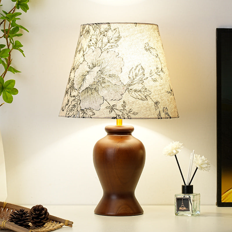 Wood Fabric Metal Conic Table Lamp