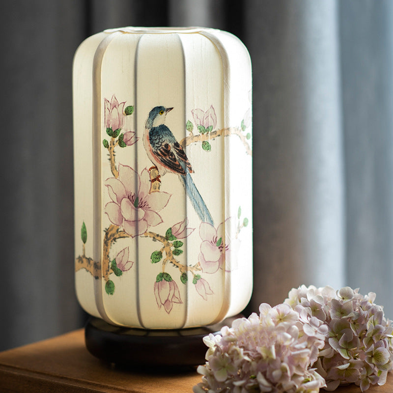 Begonia Wood Silk Cylinder Table Lamp