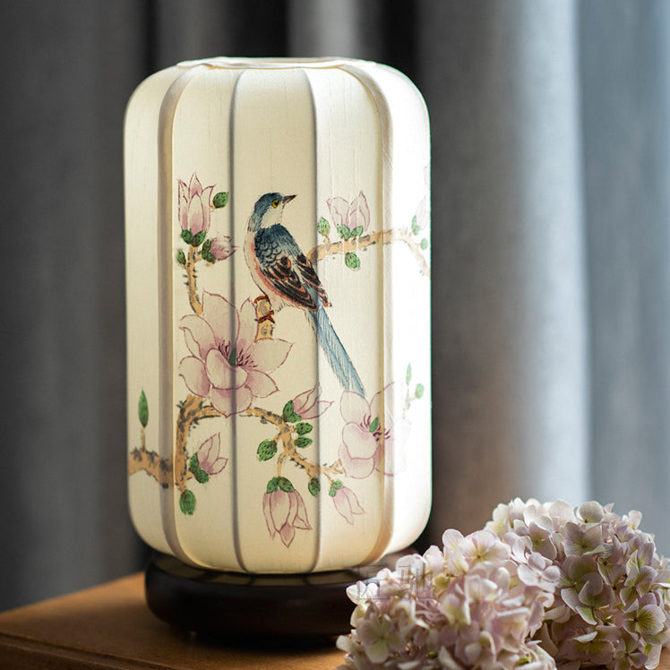 Begonia Wood Silk Cylinder Table Lamp