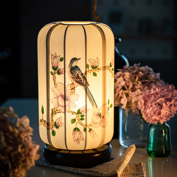Begonia Wood Silk Cylinder Table Lamp
