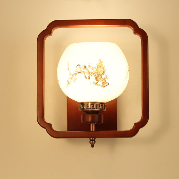 Rubber Wood Glass Flower Wall Lamp