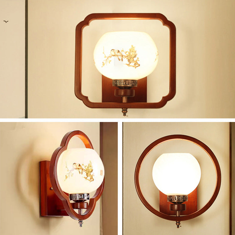 Rubber Wood Glass Flower Wall Lamp