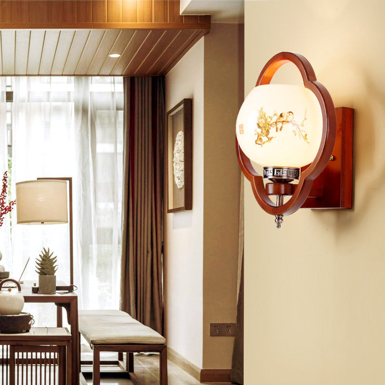 Rubber Wood Glass Flower Wall Lamp