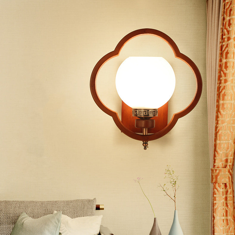 Rubber Wood Glass Flower Wall Lamp