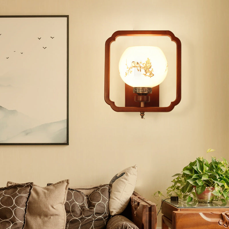 Rubber Wood Glass Flower Wall Lamp