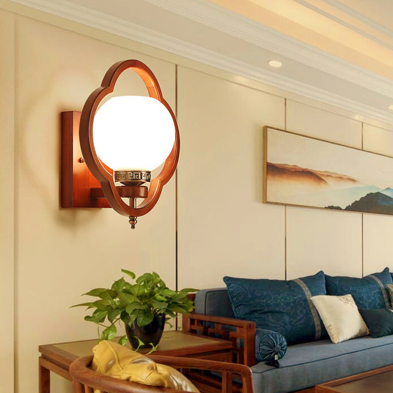 Rubber Wood Glass Flower Wall Lamp