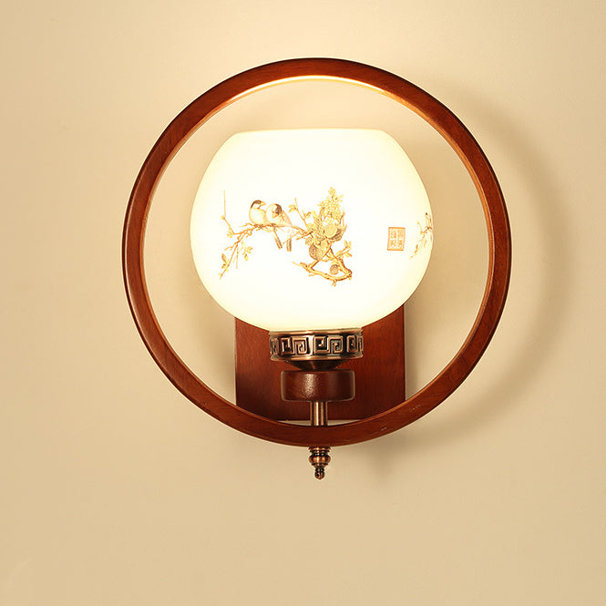 Rubber Wood Glass Flower Wall Lamp