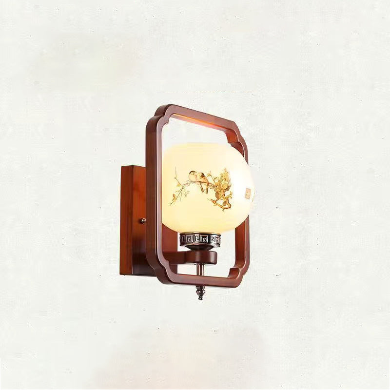 Rubber Wood Glass Flower Wall Lamp