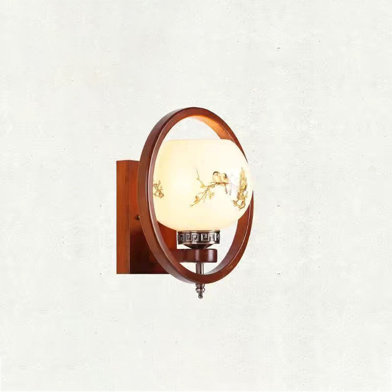 Rubber Wood Glass Flower Wall Lamp