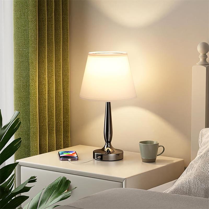Metal Fabric Cylinder Bedside Table Lamp