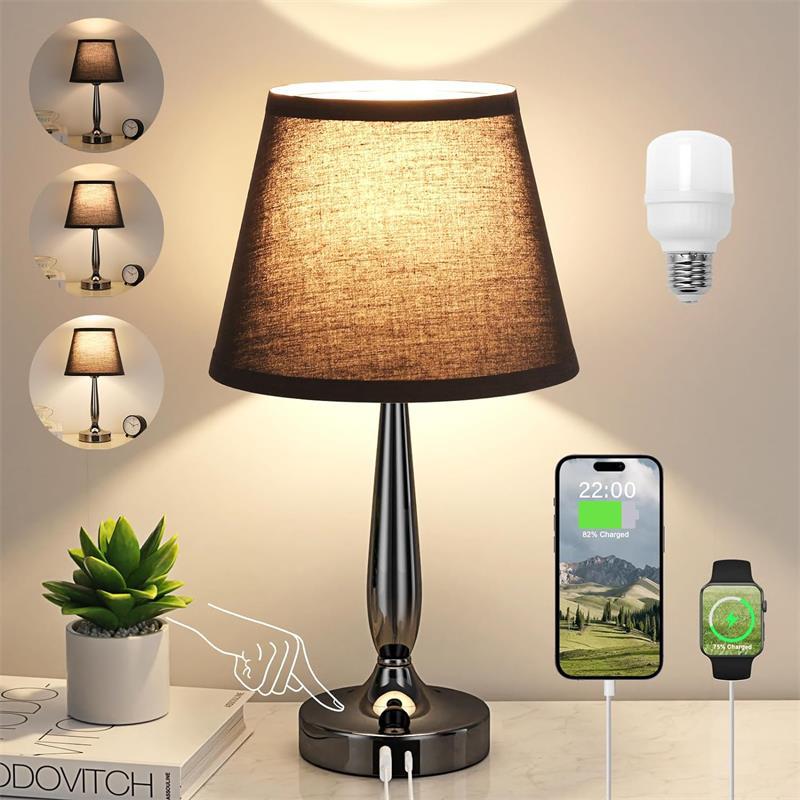 Metal Fabric Cylinder Bedside Table Lamp