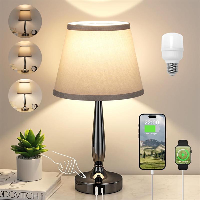 Metal Fabric Cylinder Bedside Table Lamp