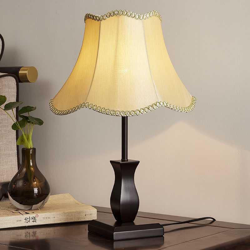 Wood Fabric Drum Bedside Table Lamp