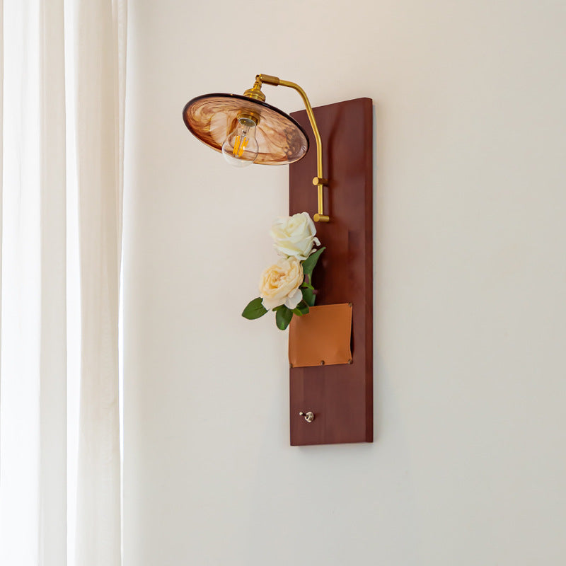 Brass Wood Leather Glass Wall Lamp