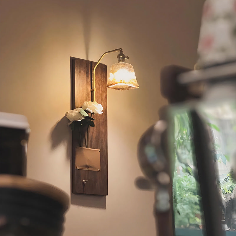 Brass Wood Leather Glass Wall Lamp