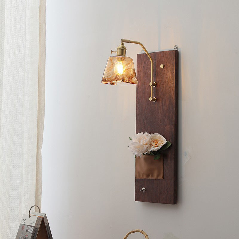 Brass Wood Leather Glass Wall Lamp