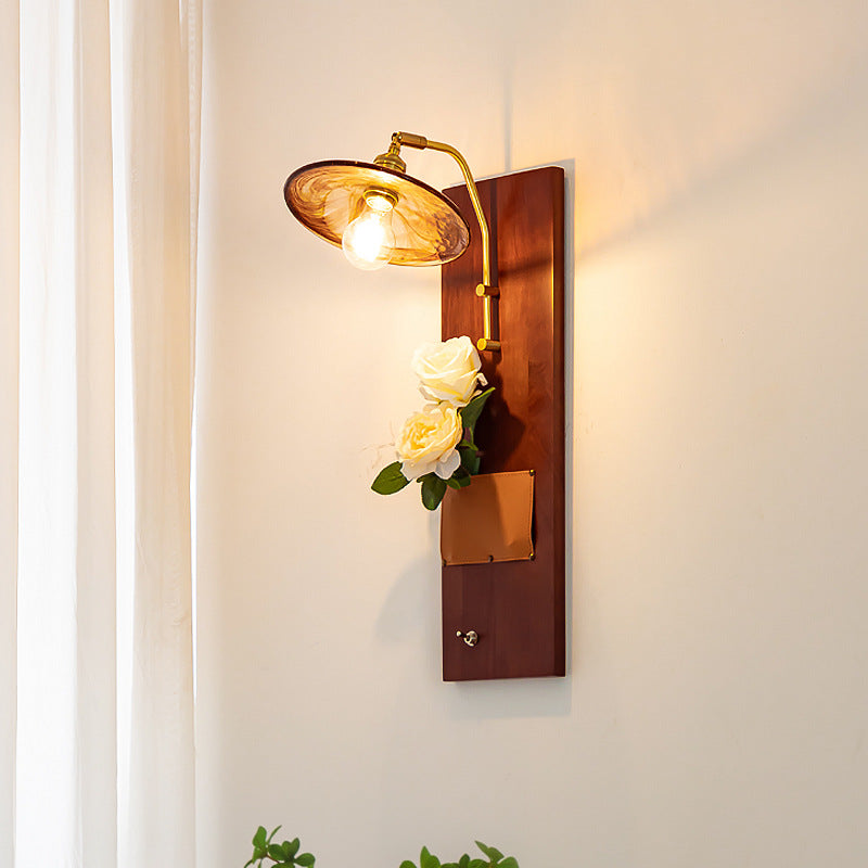 Brass Wood Leather Glass Wall Lamp