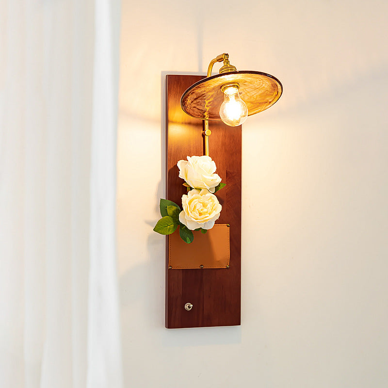 Brass Wood Leather Glass Wall Lamp