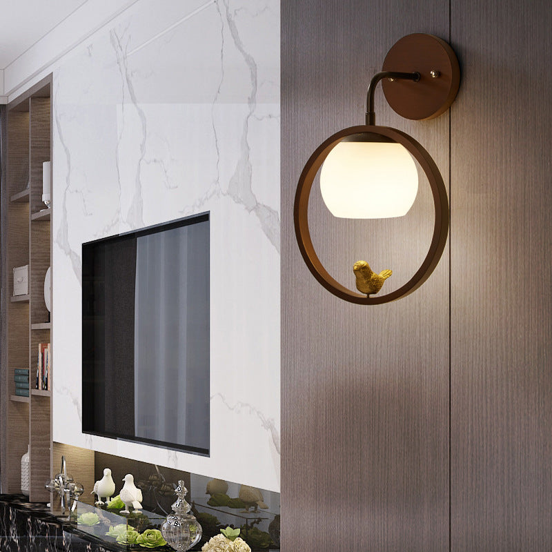 Rubber Wood Glass Round Wall Lamp