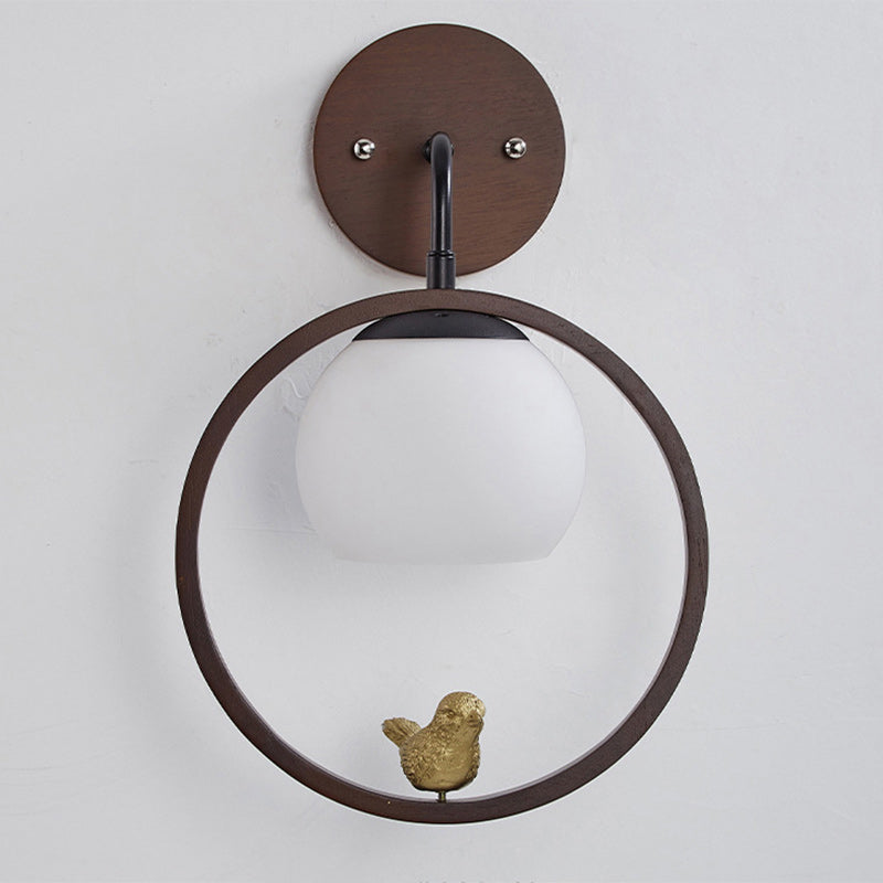 Rubber Wood Glass Round Wall Lamp