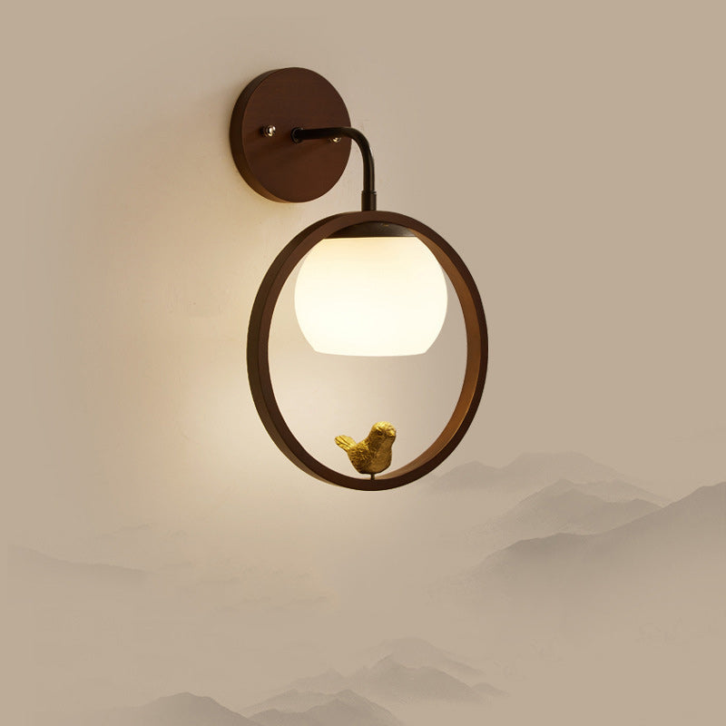 Rubber Wood Glass Round Wall Lamp