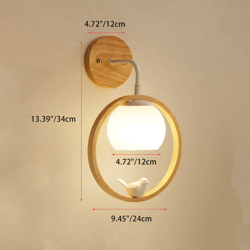 Rubber Wood Glass Round Wall Lamp