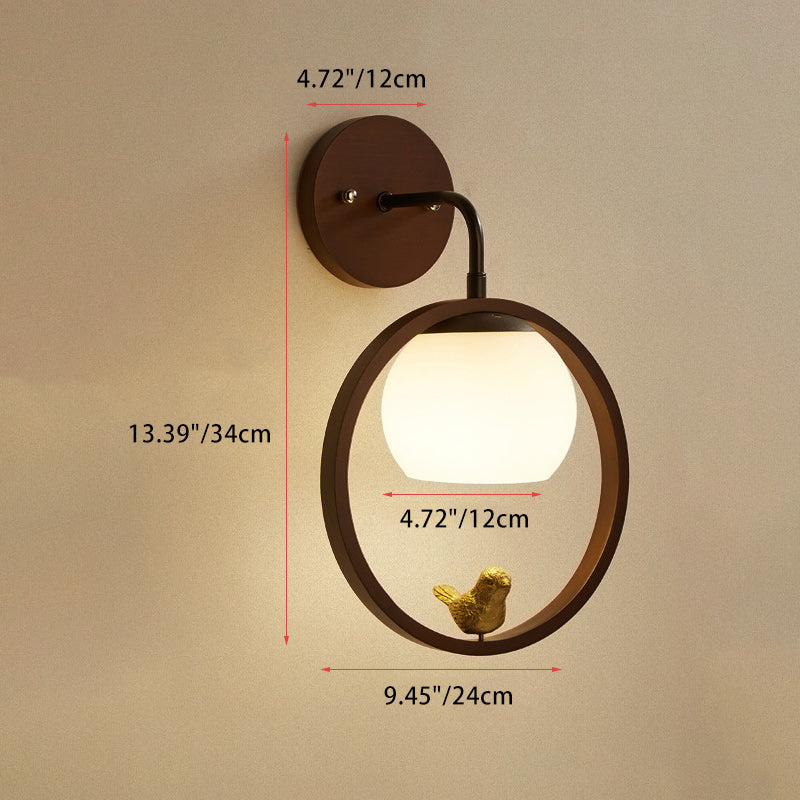 Rubber Wood Glass Round Wall Lamp