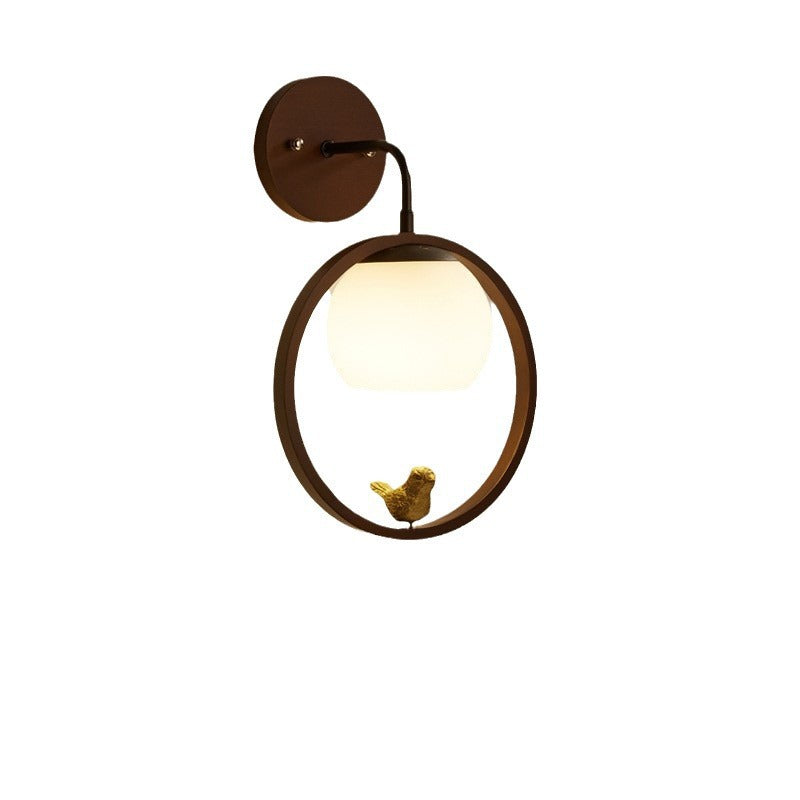 Rubber Wood Glass Round Wall Lamp