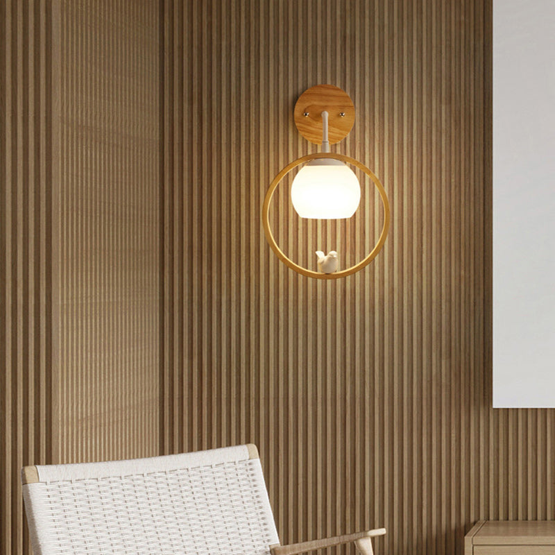 Rubber Wood Glass Round Wall Lamp