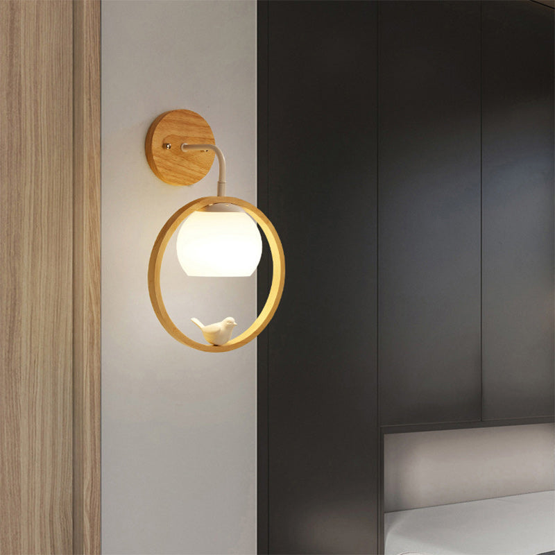 Rubber Wood Glass Round Wall Lamp