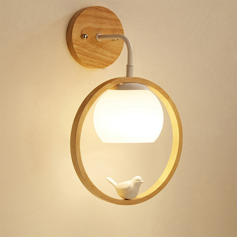 Rubber Wood Glass Round Wall Lamp
