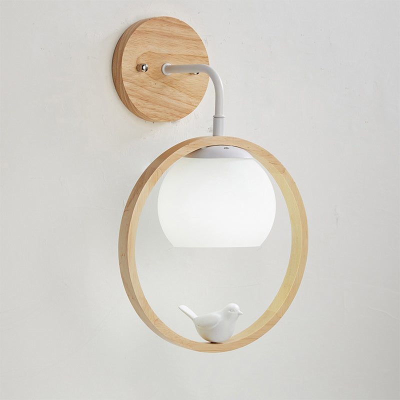 Rubber Wood Glass Round Wall Lamp