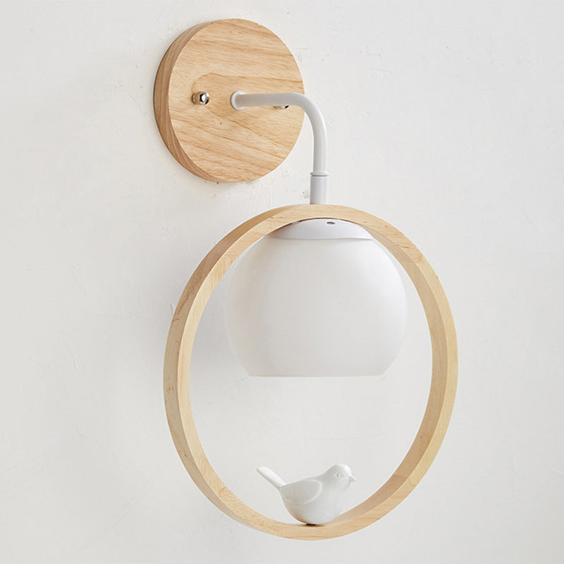 Rubber Wood Glass Round Wall Lamp