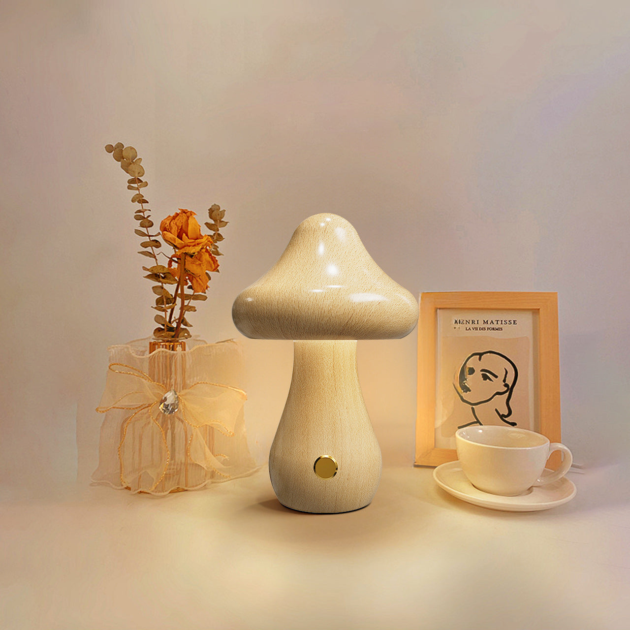 Rechargeable Mushroom Solid Wood Table Lamp